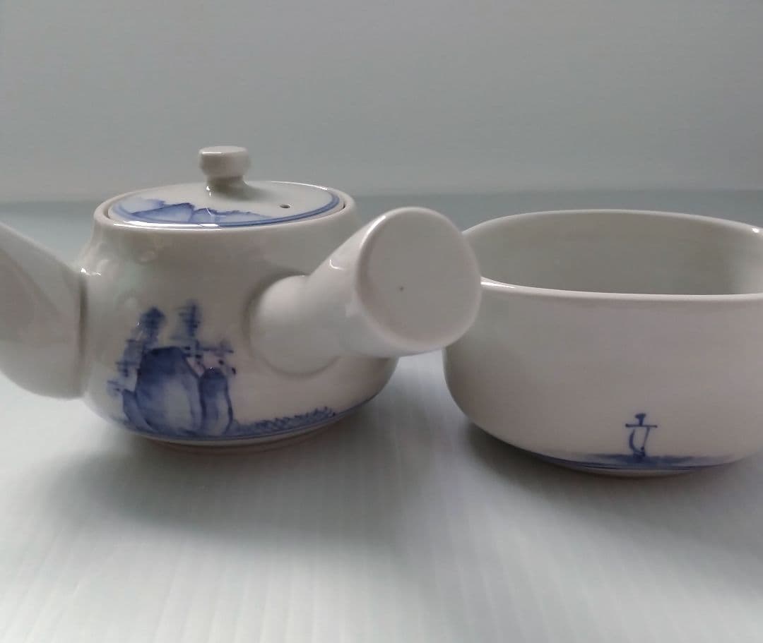 骨董 骨董品 呉須 染付 山水図 茶器揃 茶器 急須 湯冷まし 湯呑み 手描き