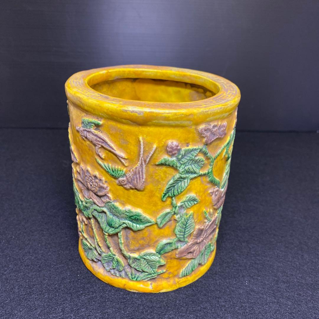 中国美術　雍正年製　花鳥図　筆筒　タルオ　高さ12.5㎝ 東里8-0130②