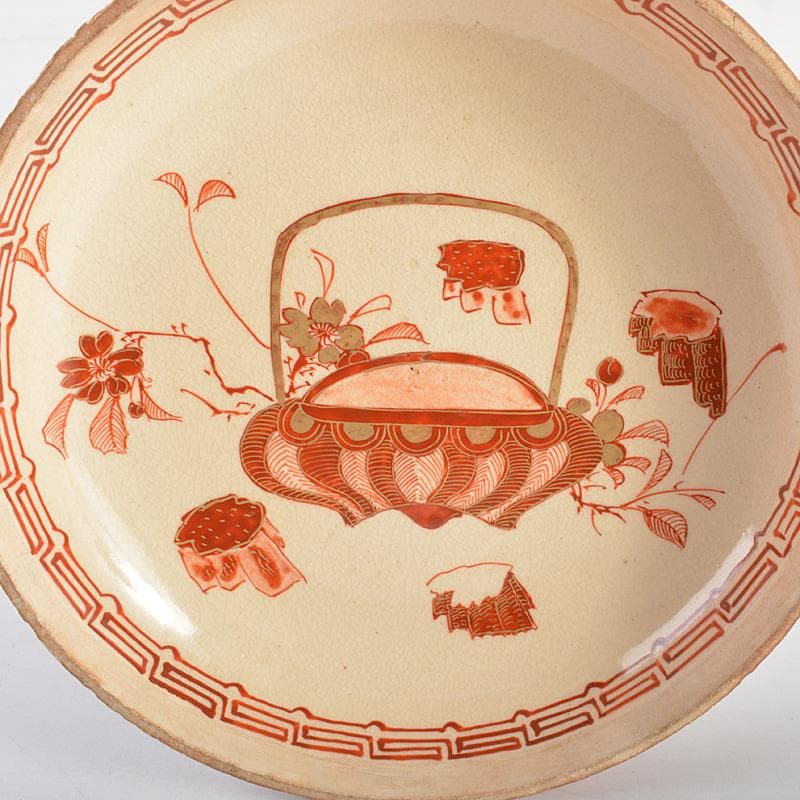 九谷焼　古九谷　八郎手赤絵金彩　人物文　蓋物　菓子鉢　M　R6811