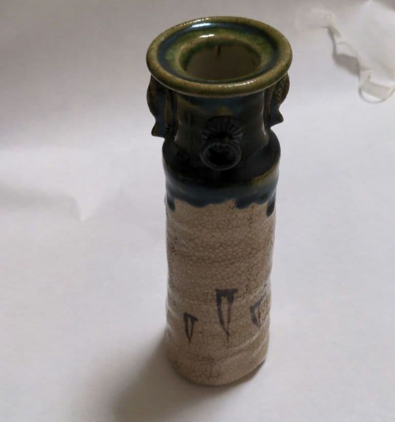 花入れ　花いれ　花器　お茶花　織部　おりべ　グリーン　耳付き　筒　茶道具