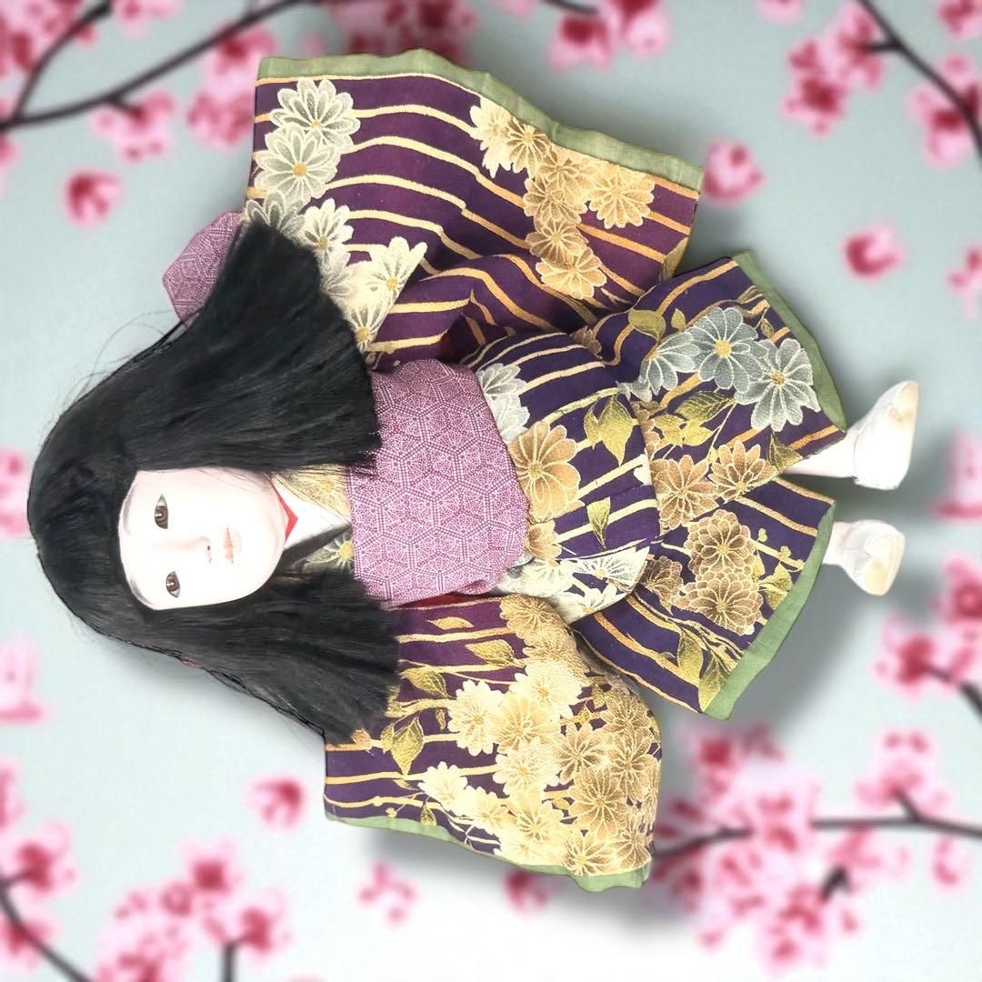 市松人形 松乾斎東光 紫 縮緬 花柄 菊 着物 ガラス 銘 印 三折れ 日本人形