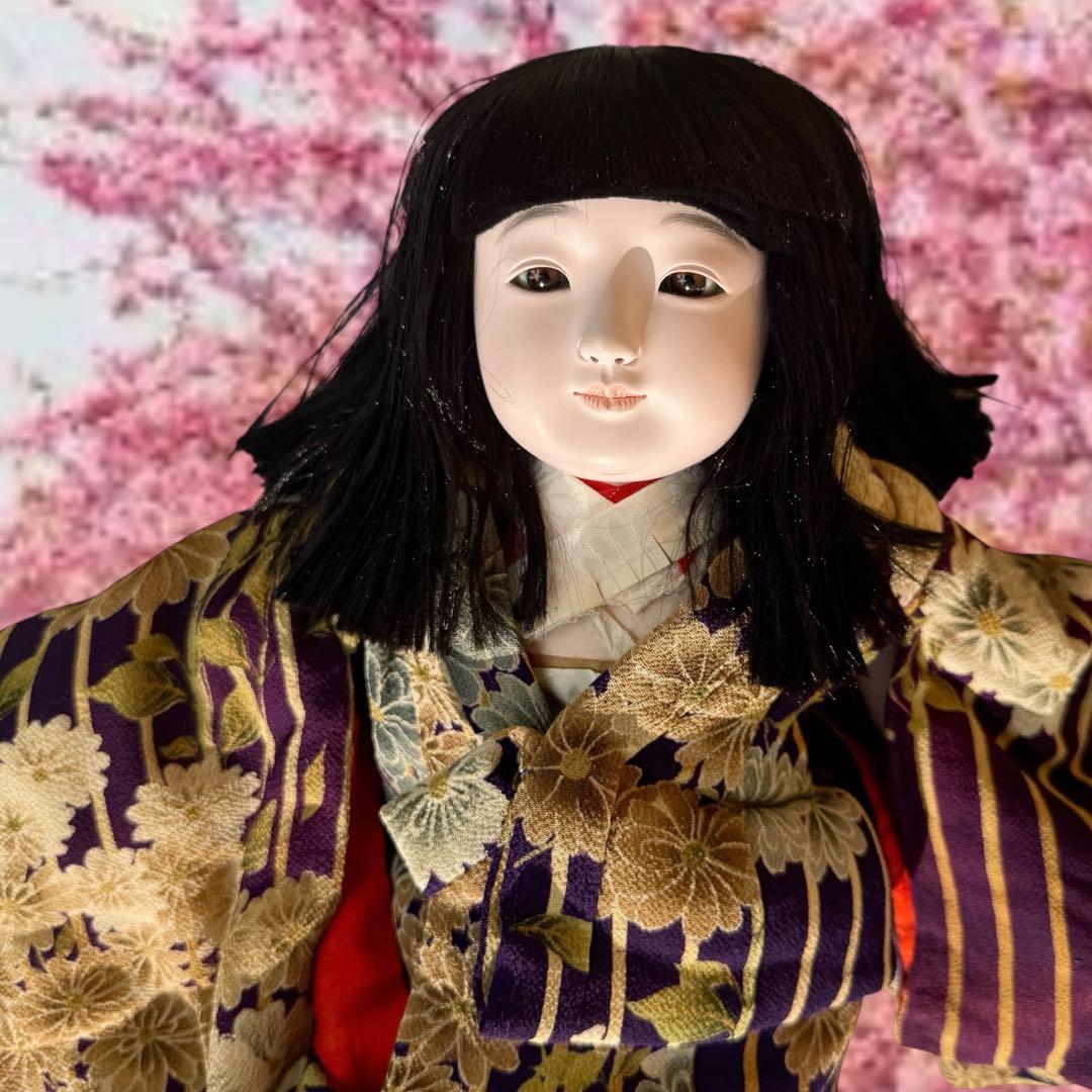 市松人形 松乾斎東光 紫 縮緬 花柄 菊 着物 ガラス 銘 印 三折れ 日本人形