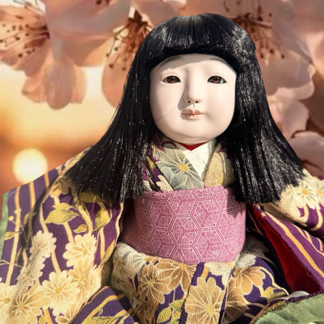 市松人形 松乾斎東光 紫 縮緬 花柄 菊 着物 ガラス 銘 印 三折れ 日本人形