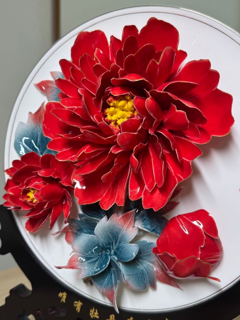 中国洛陽名物牡丹磁ボタン花平面彫刻　レリーフ　立体彫刻　プレゼント花　磁器陶磁
