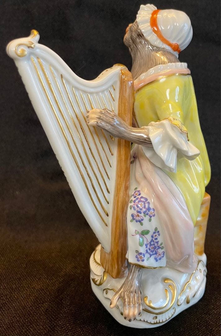 【美品】マイセン 猿の楽団 ハープ イエロー/ピンクドレスフィギュリン 1級品