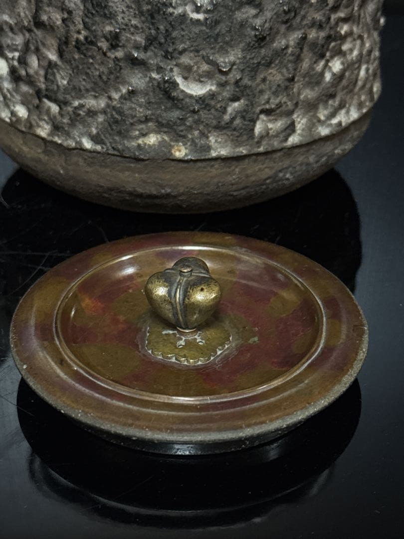 龍文堂 安之介 造 道安形 提手銀象嵌 斑紫銅蓋 鉄瓶 共箱付 茶道具