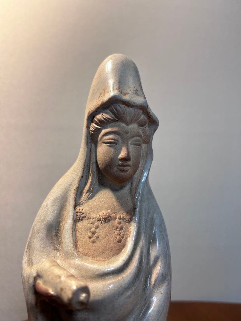 萩焼　大和松緑（大和吉孝）作 観音菩薩立像　元窯　観音置物　共箱付