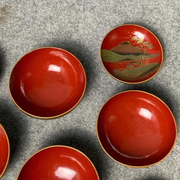 会津塗鉄錆塗木製蒔絵富士山吸物椀4個[B34144]