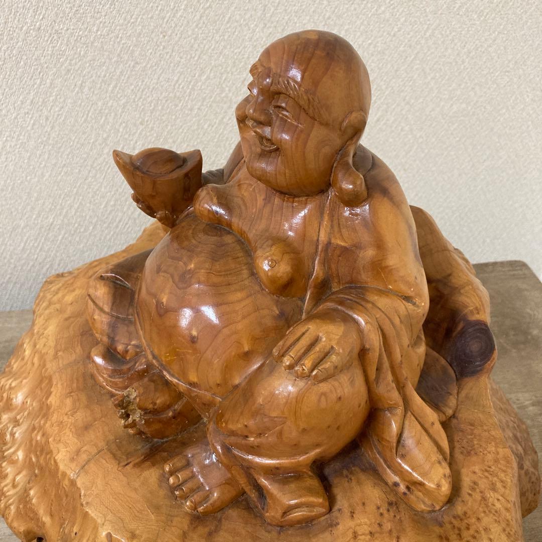 大型　天然木　木彫り　七福神　布袋様　中国美術　置物〈検 オブジェ　 仏像　瘤木