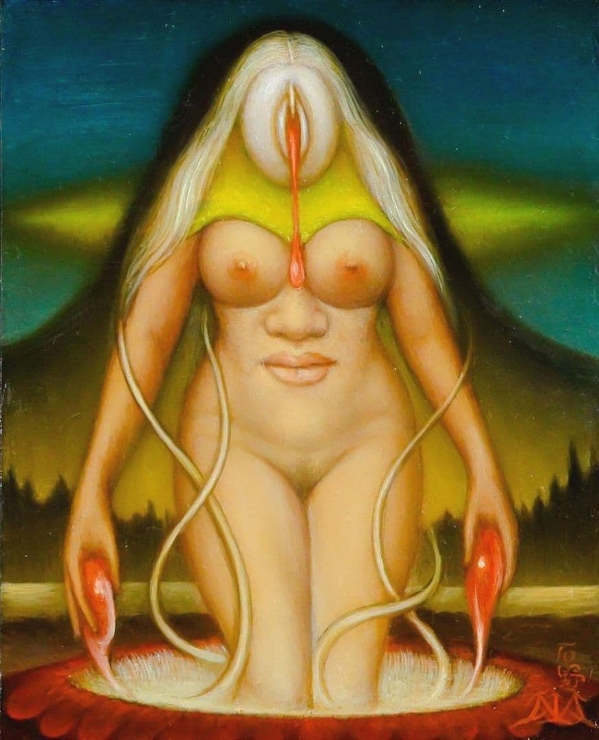 真作　石野守一　無題　板に油彩