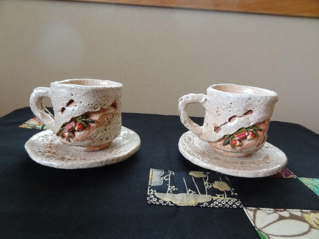 楽山焼　珈琲茶碗と夫婦湯呑 2点　カップ＆ソーサー　ペア　水月焼　二六焼