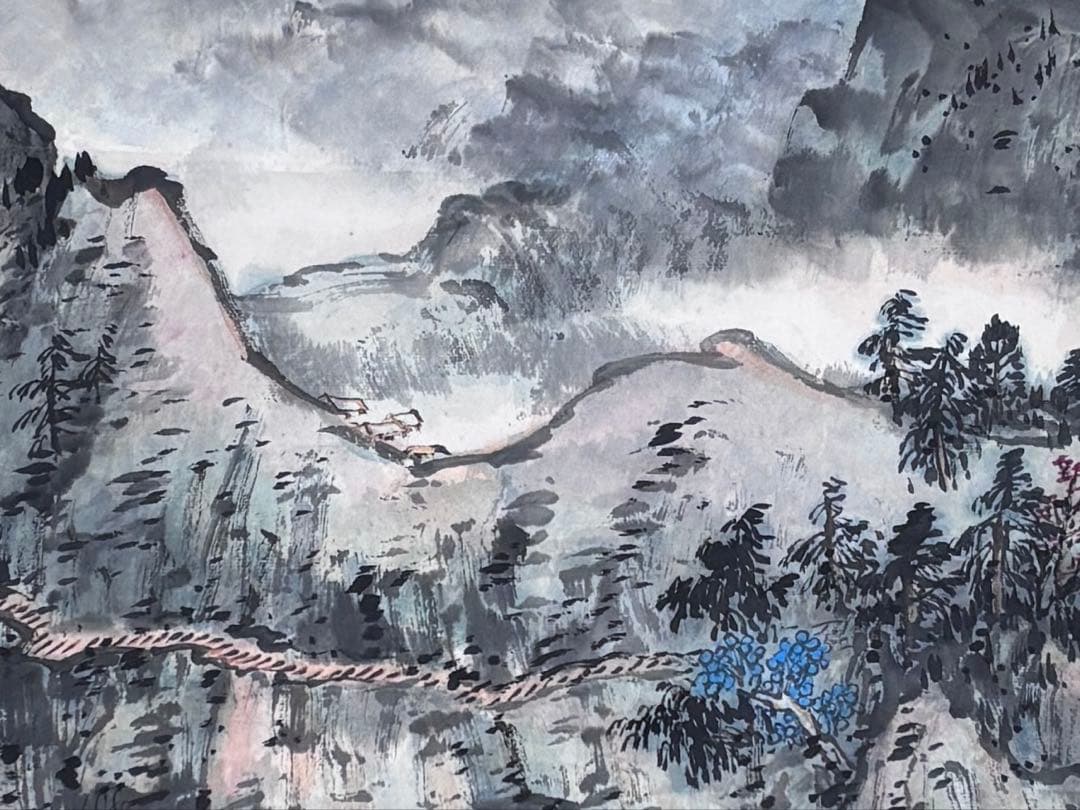 水墨画　掛軸　青山図 謝陽画　中国　絵画　山水　箱付　張大千大風堂　カラー