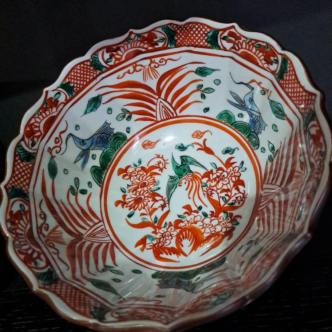 永楽善五郎　九谷赤絵　　中鉢　紅縁輪花鉢　明治 大日本永楽造　共布、共箱入