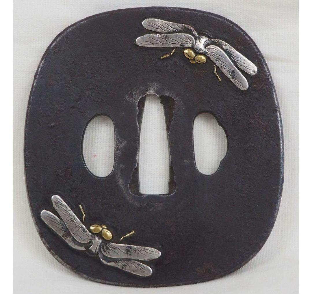 送料無料　江戸時代　勝虫図鐔/鍔　江戸　無銘　保存刀装具鑑定書（箱付）