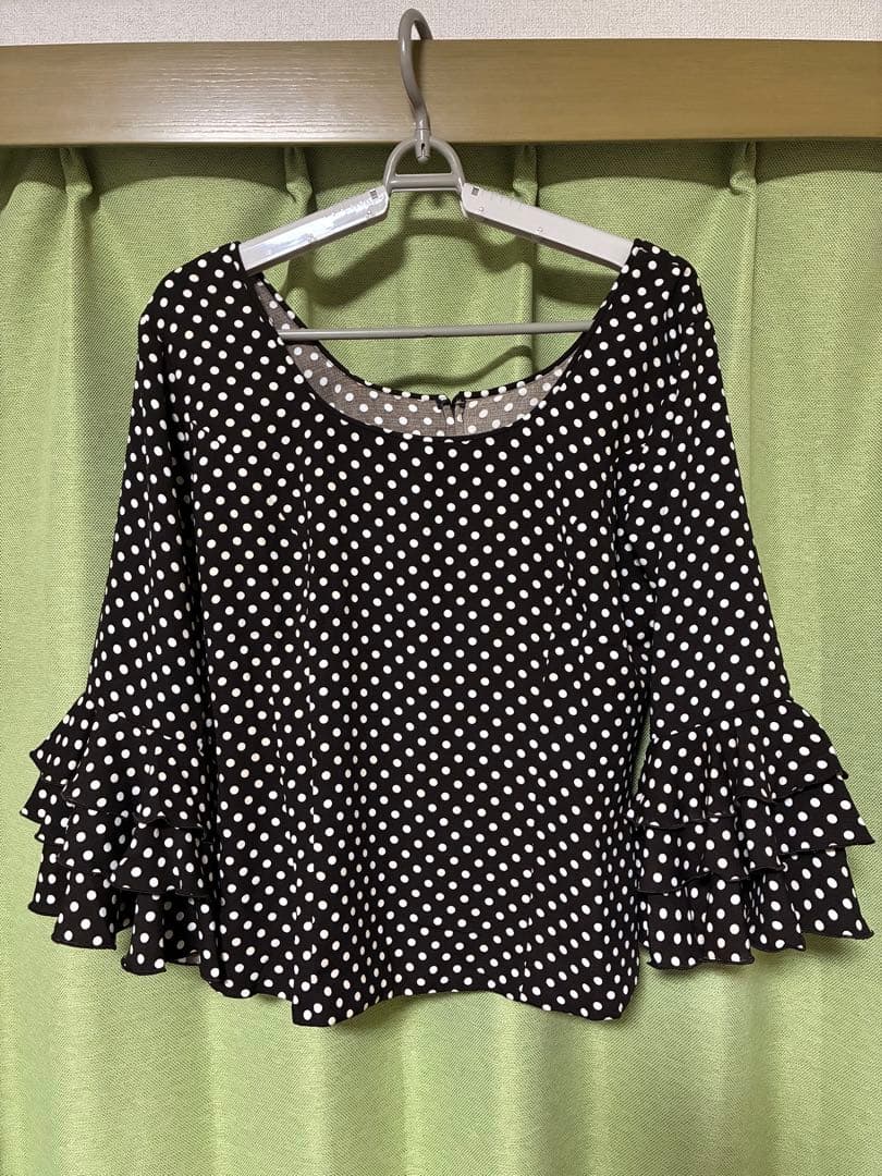 フラメンコ衣装　トップス　ブラウス 　ダークブラウン×白水玉　サイズL