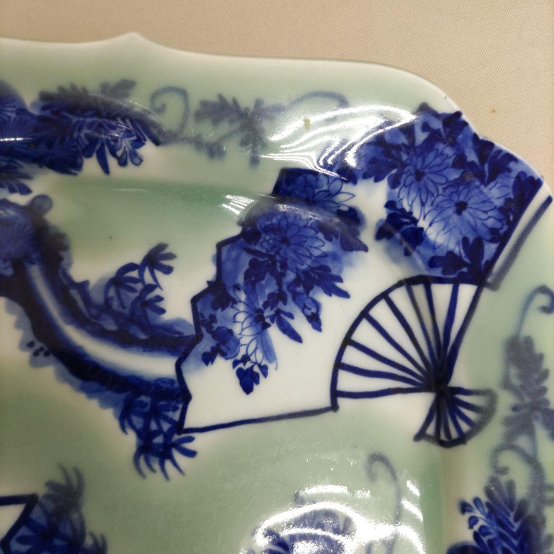 古伊万里青磁　扇面花の図　皿　D585