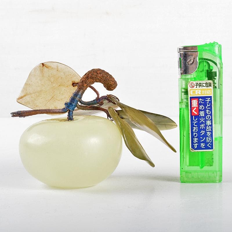 中国　玉石白玉彫刻　桃　置物　時代箱付　M　R5371