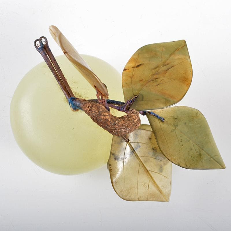 中国　玉石白玉彫刻　桃　置物　時代箱付　M　R5371