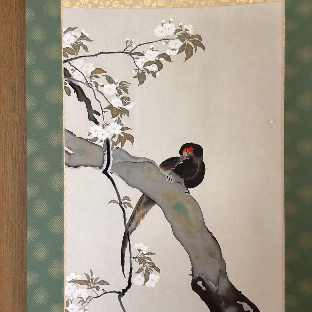 酒井抱一　【後描彩色画】　【櫻に雉子之図】　絹本掛軸　　軸先紫檀　稀有作品です。