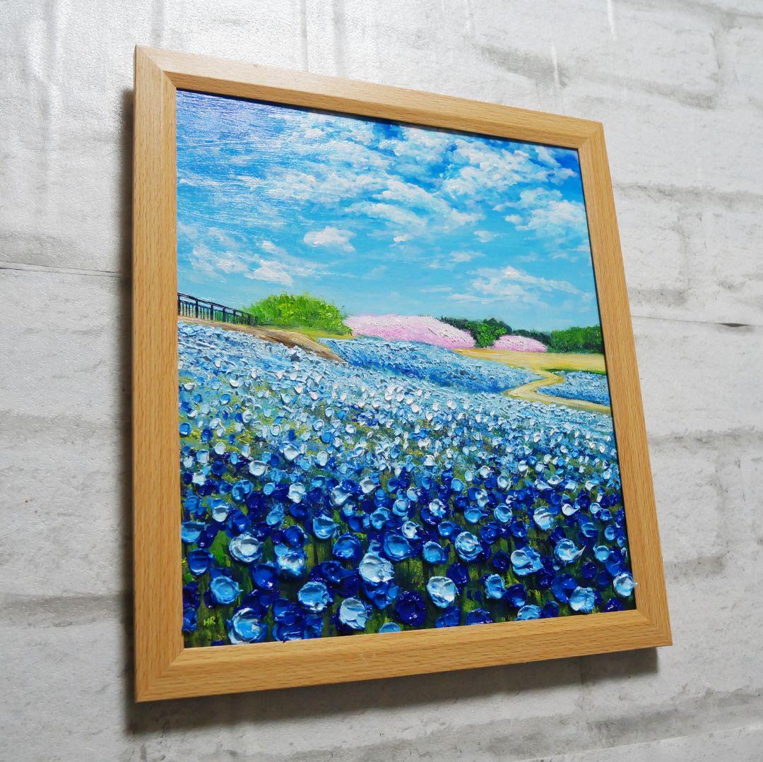 油絵 油彩 油彩画 絵 絵画 【ネモフィラと桜】