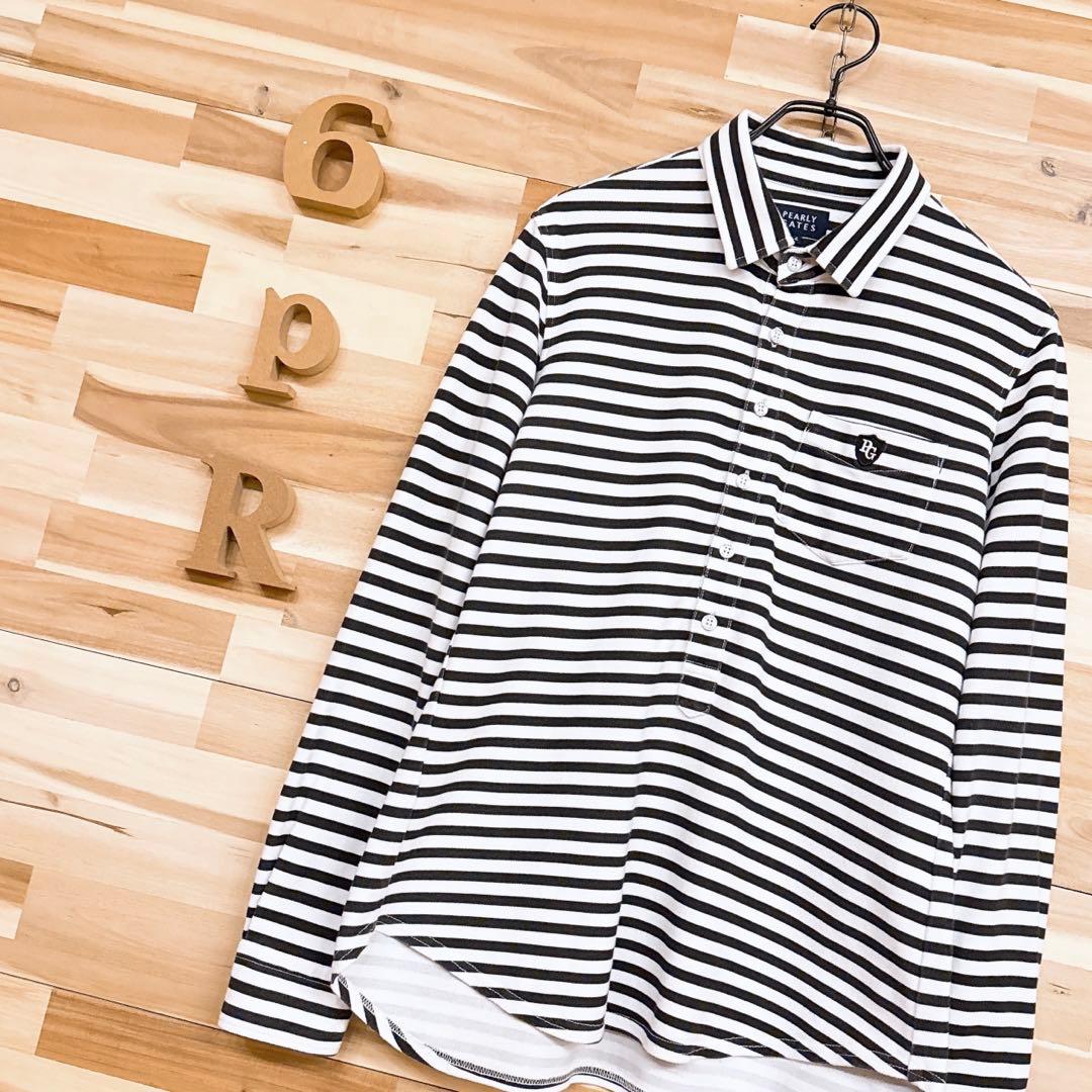 【パーリーゲイツ】モノトーン ストライプ ゴルフ 長袖シャツ ボーダー 黒×白