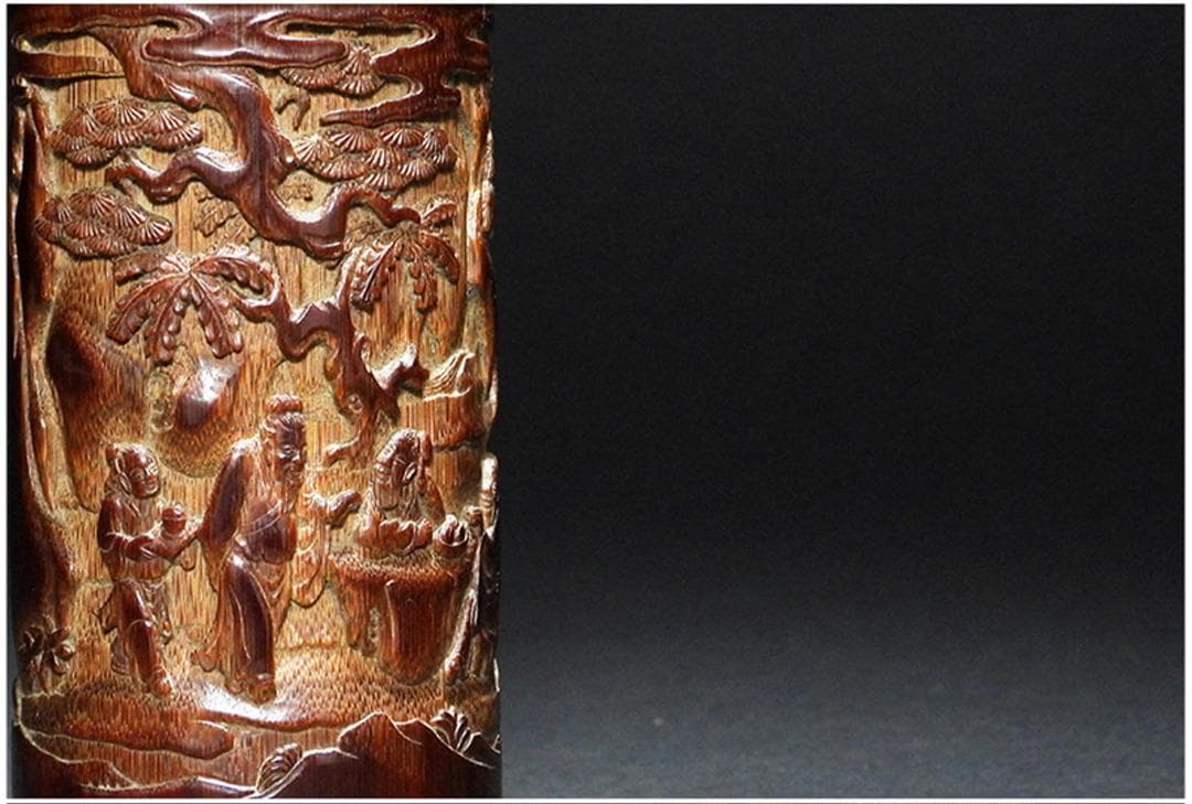 中国美術 古竹 彫刻 風景 賢人 図 筆筒 筆立/文房具書道具筆墨紙硯