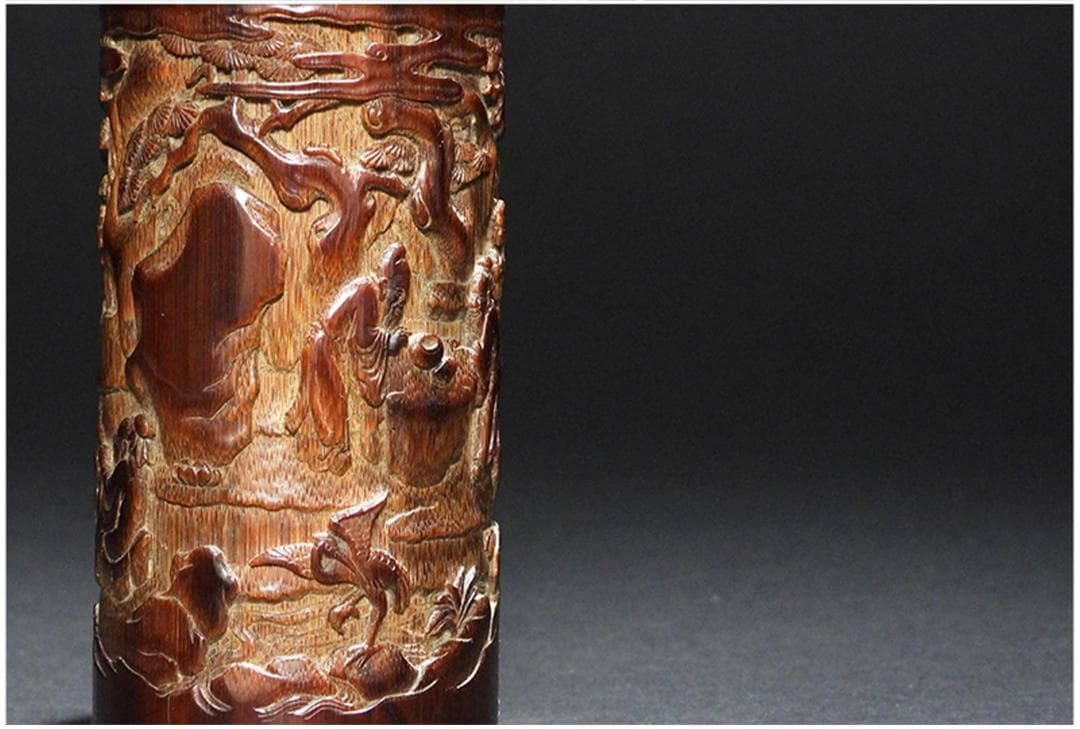 中国美術 古竹 彫刻 風景 賢人 図 筆筒 筆立/文房具書道具筆墨紙硯