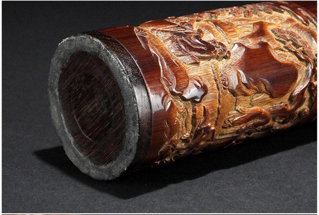 中国美術 古竹 彫刻 風景 賢人 図 筆筒 筆立/文房具書道具筆墨紙硯