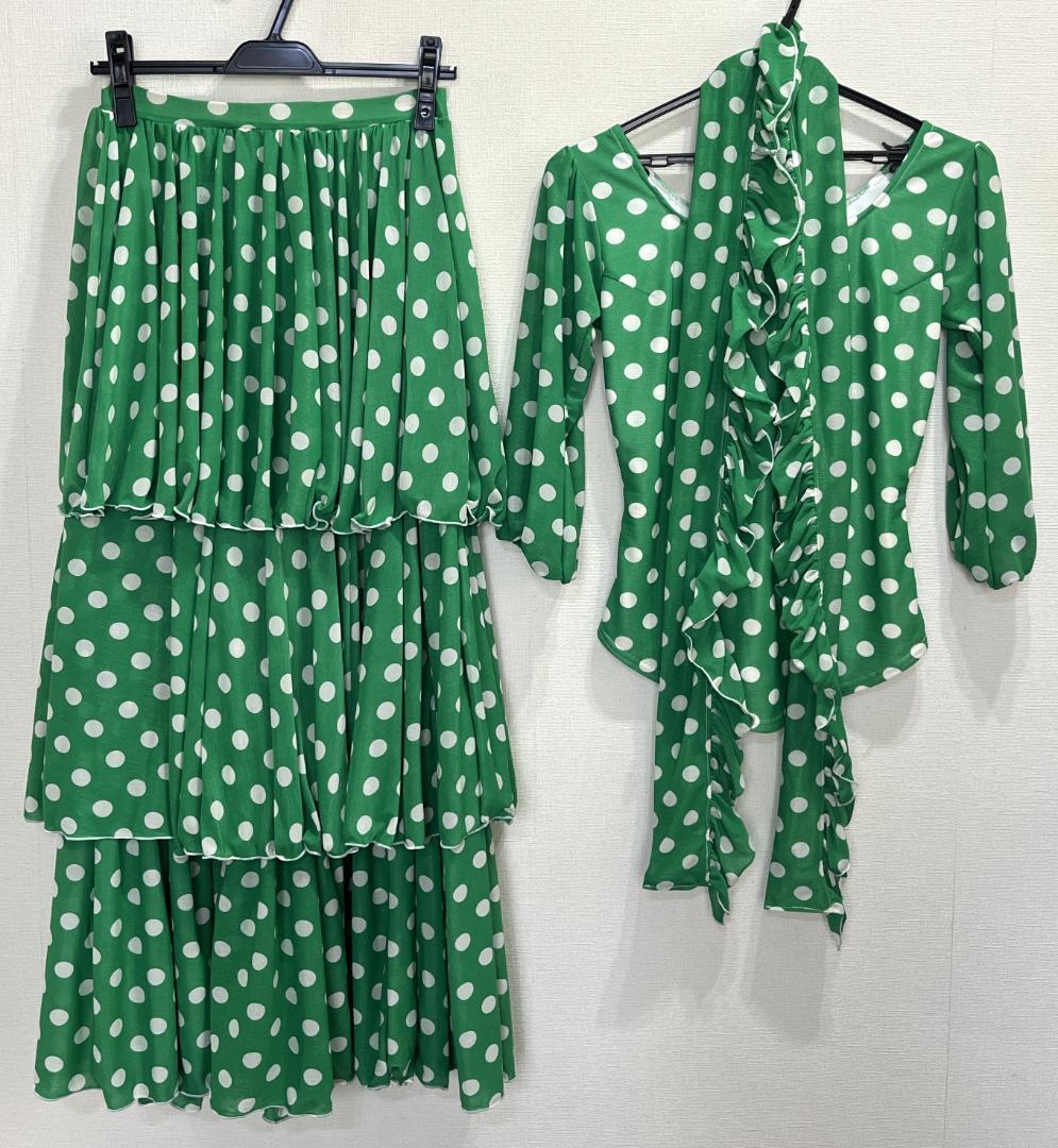 フラメンコ衣装 ツーピース+スカーフ グリーン×白水玉 ストレッチ フリル 軽量