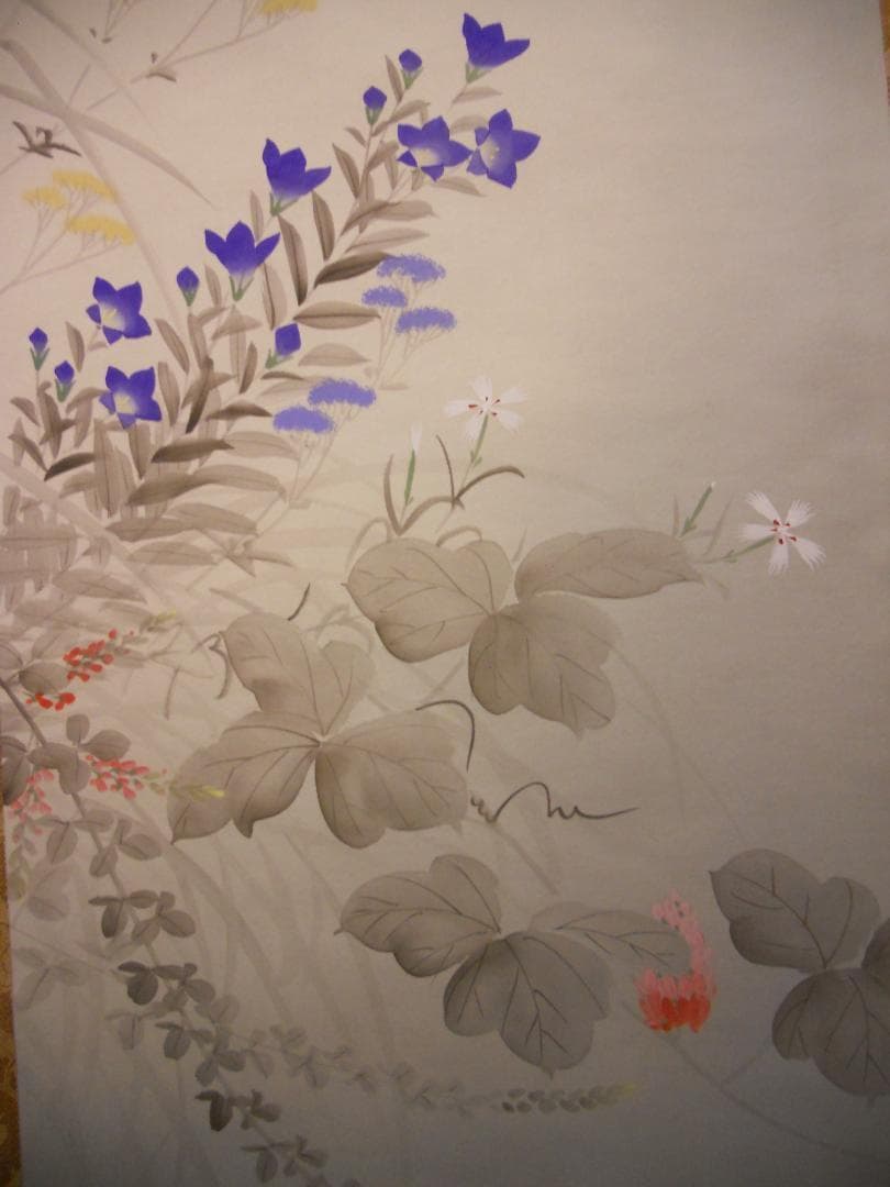 掛け軸 小栗春峰 作『 秋草 』 絹本 共箱 希少 軸装 茶道具 掛軸 美品