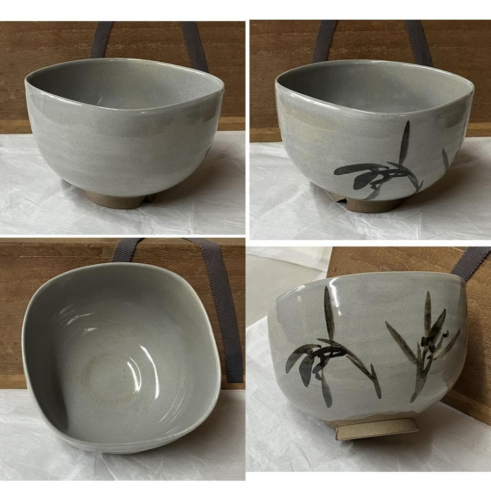 F1399 虫明焼 抹茶碗 二客 (一客 英山 銘、一客金直し) 松坂帰庵 識箱