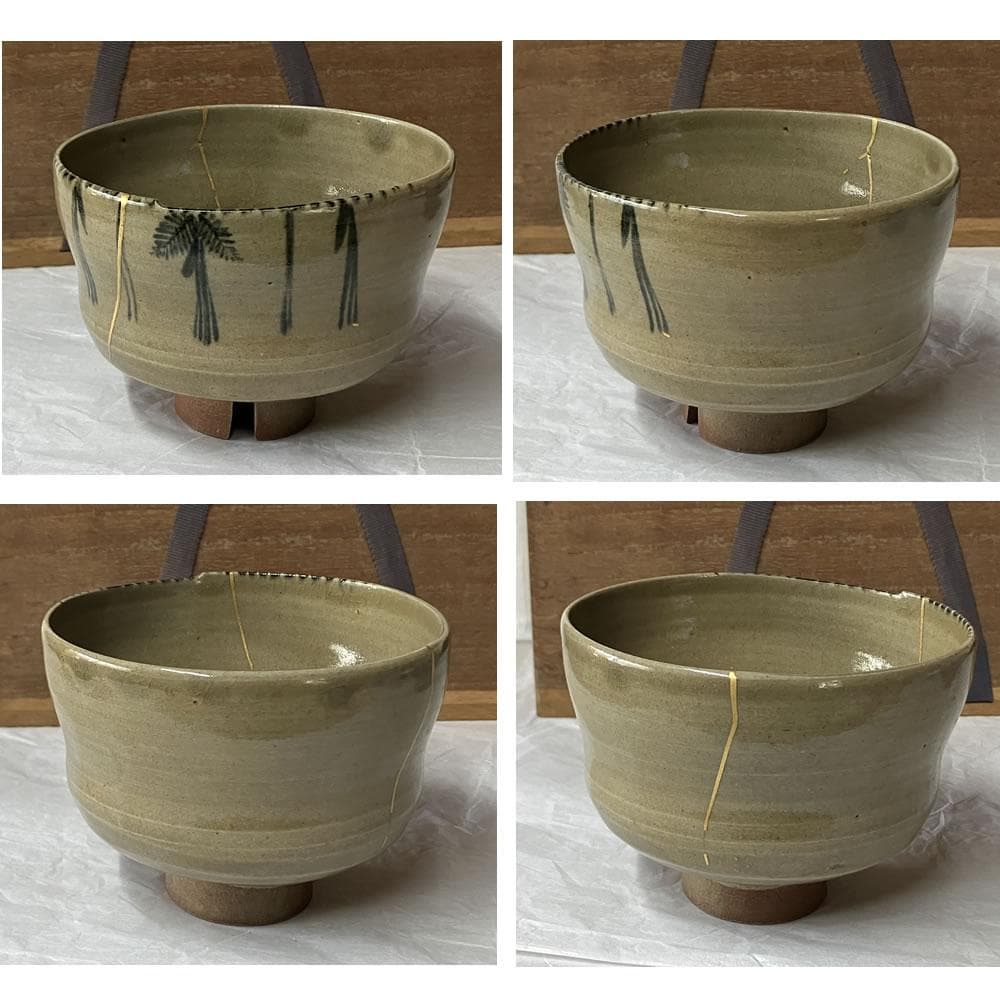 F1399 虫明焼 抹茶碗 二客 (一客 英山 銘、一客金直し) 松坂帰庵 識箱