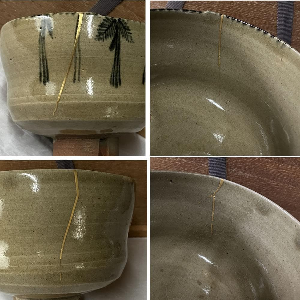 F1399 虫明焼 抹茶碗 二客 (一客 英山 銘、一客金直し) 松坂帰庵 識箱