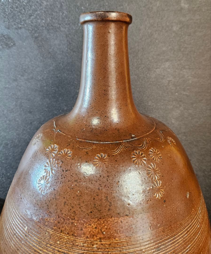 明治時代　古備前系　古丹波系　古瀬戸系 花印　糸目文様　高37.6cm　大徳利