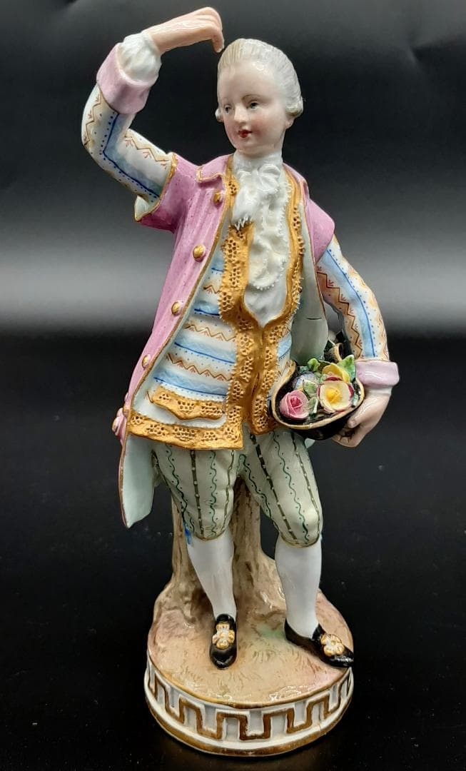 美品古マイセン／アシエ1768年『花摘みの男』大型フィギュリン美品1級品ボタン剣