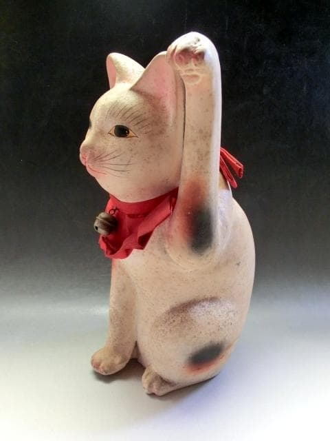 招き猫■とっても可愛らしくて味わいのある招き猫 置物 土人形(明治期)■29cm