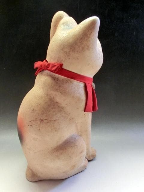 招き猫■とっても可愛らしくて味わいのある招き猫 置物 土人形(明治期)■29cm
