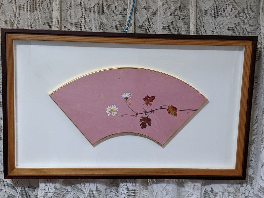 扇画「紅葉」下枯れの菊 寒菊 (日本画)