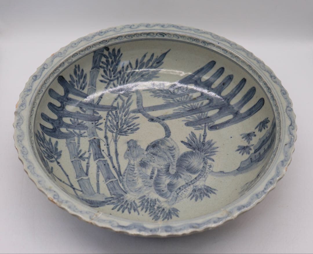 李朝　染付　竹林虎図紋大鉢　訳あり　送料込み250508