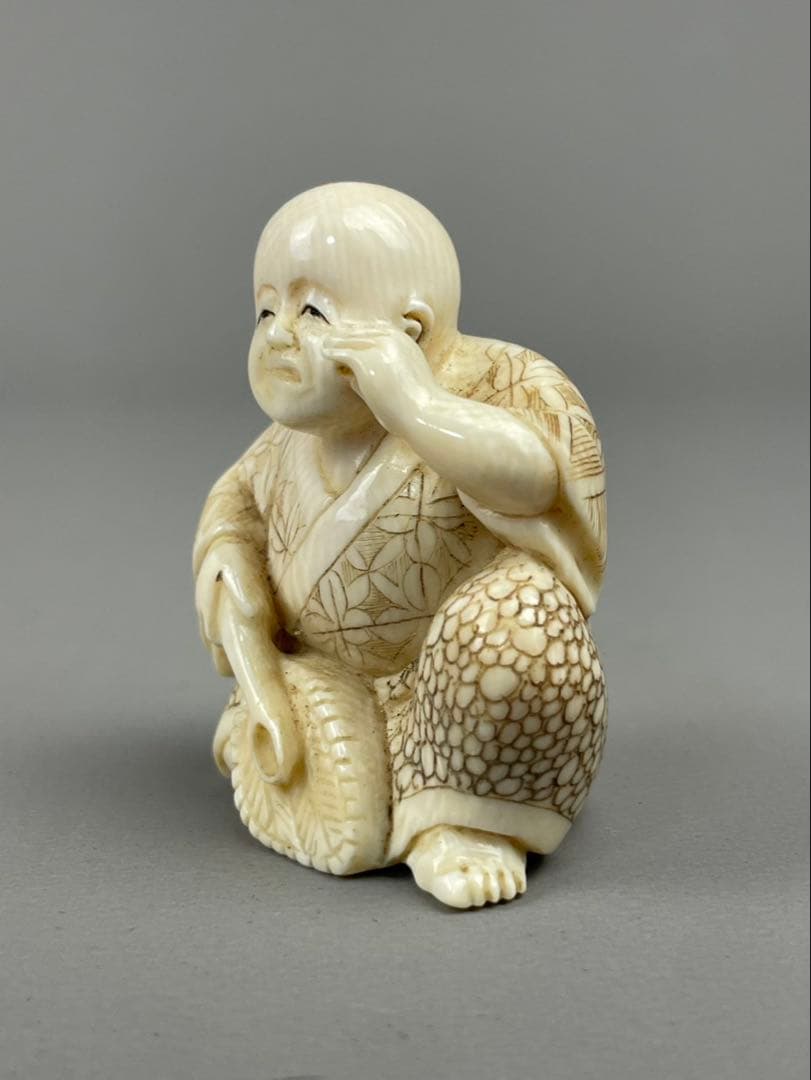 極上細密細工 天然白材 唐子 人物 根付 時代 東洋彫刻 アンティーク