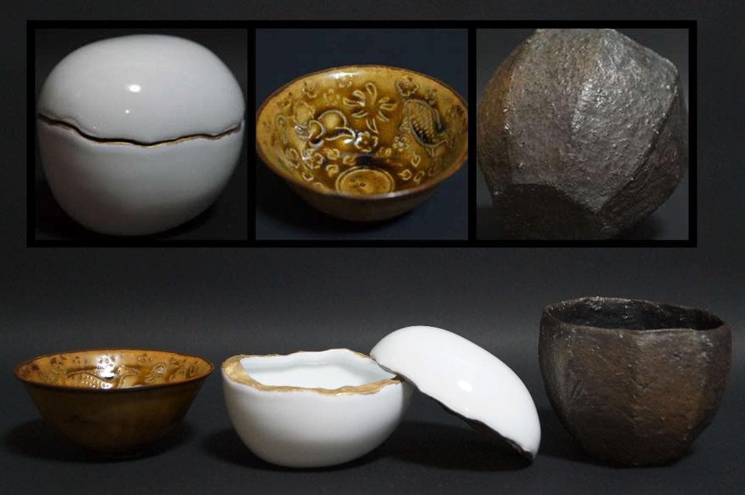 現代陶芸家寺島裕二造 小鉢深鉢,長江重和造 蓋付小鉢 ,田村文宏造小鉢三点セット