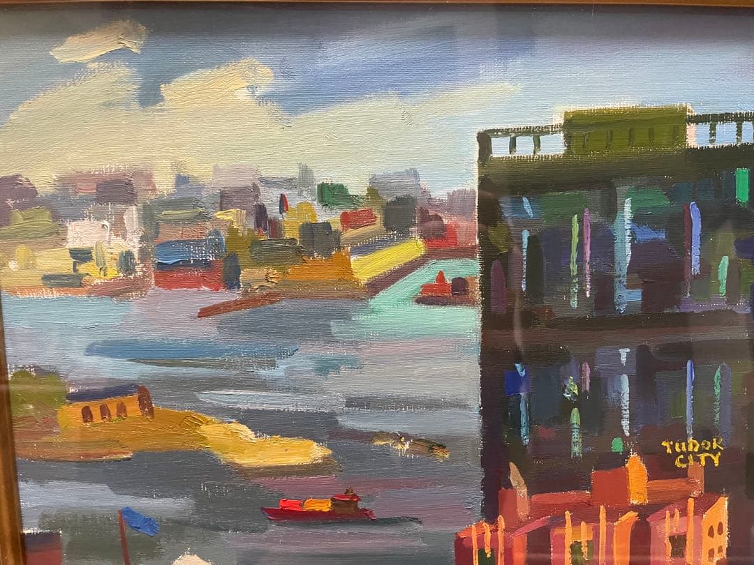 【真作】須賀卯夫「TUDOR CITY」油彩画 F8号 ニューヨーク風景 額装