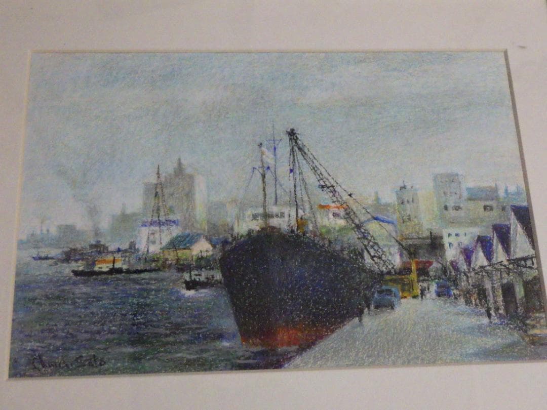 真作 佐藤忠一 クレヨン画 港風景 自筆サイン P6 額装