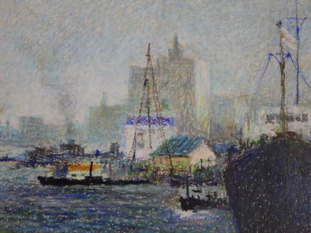 真作 佐藤忠一 クレヨン画 港風景 自筆サイン P6 額装