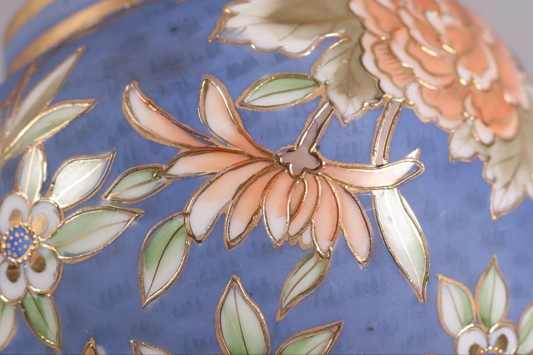 【CM306】オールドノリタケ 草花 花瓶 高17.5cm 金彩 花入 青 明治