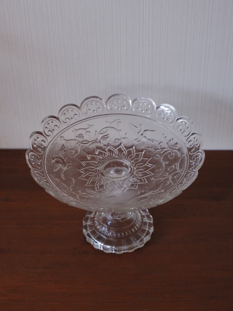 フランス　19世紀　ヴィクトリアンガラス　菓子器　高足皿　アンティークQ2206