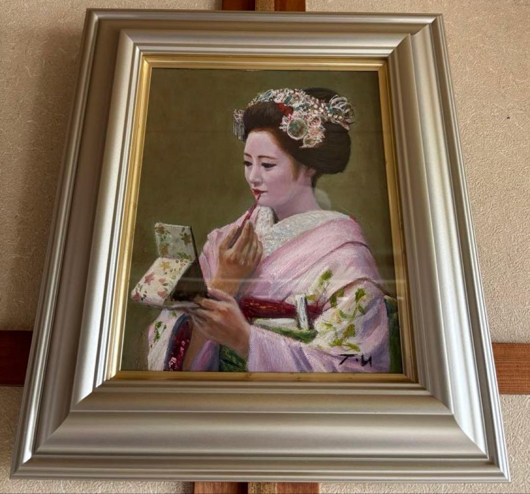 絵画「舞妓 紅をさす」洋画、油絵、3号宇野孝之、箱有り