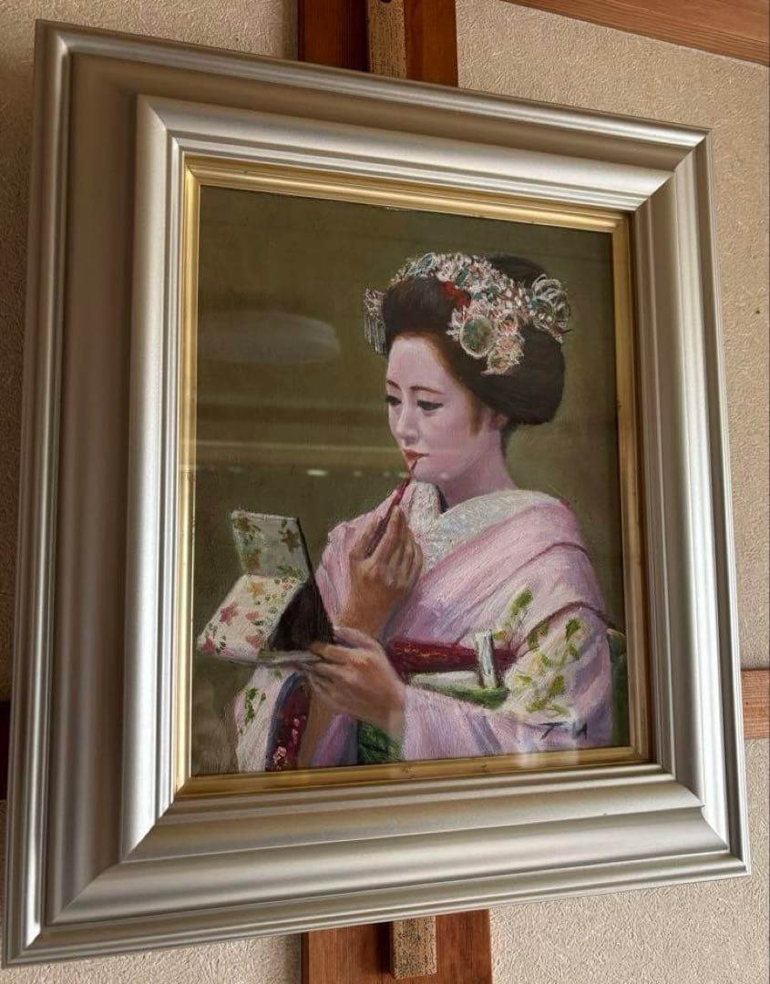 絵画「舞妓 紅をさす」洋画、油絵、3号宇野孝之、箱有り