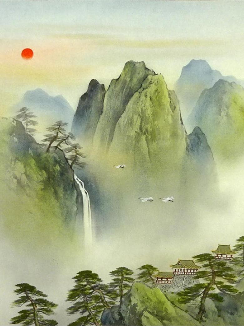 【真作】掛軸 吉井春堂『蓬莱山図』日本画 絹本 共箱付 掛け軸 a07027