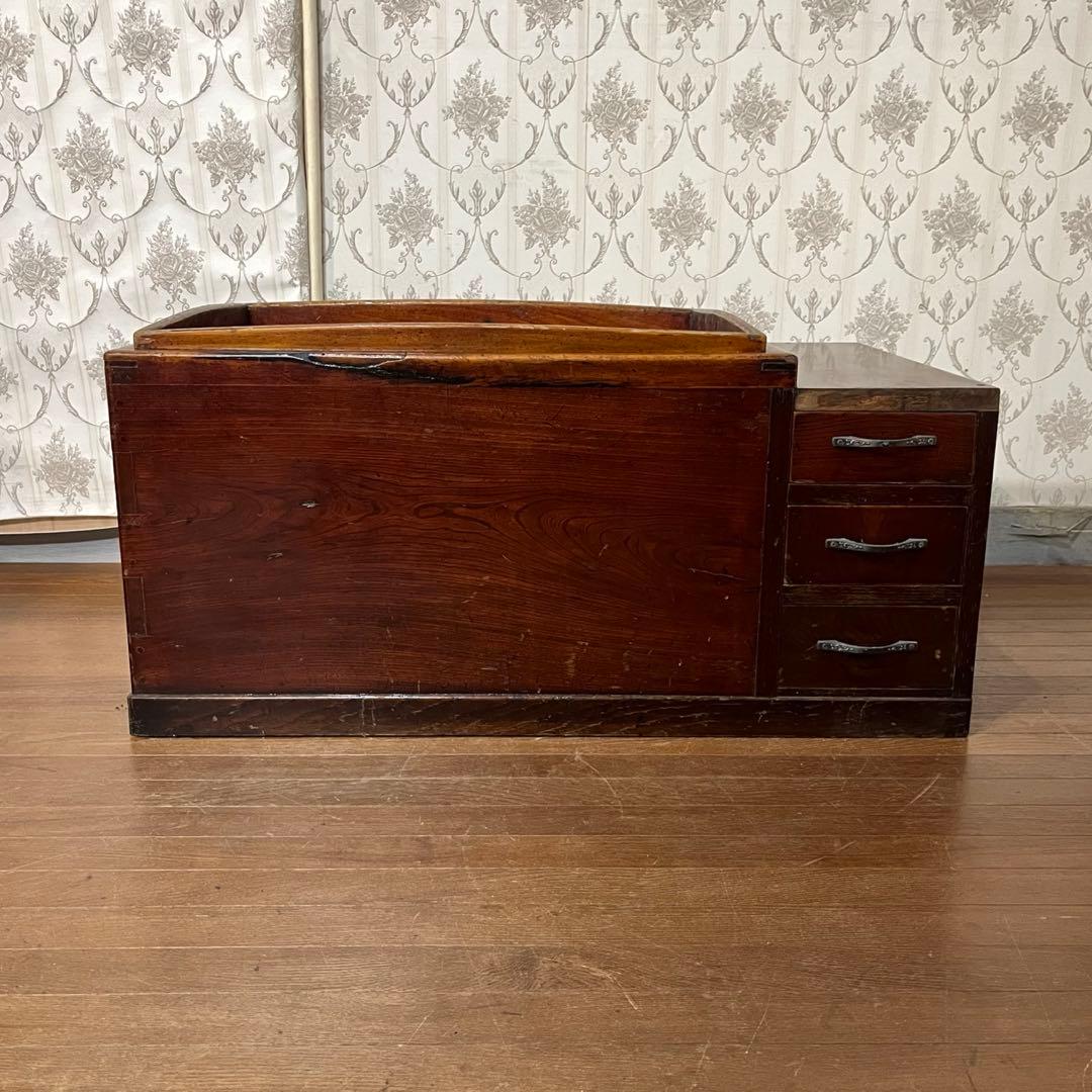 【アンティーク】木製 無垢材 火鉢 長方形 関東火鉢 銘木 引き出し収納付